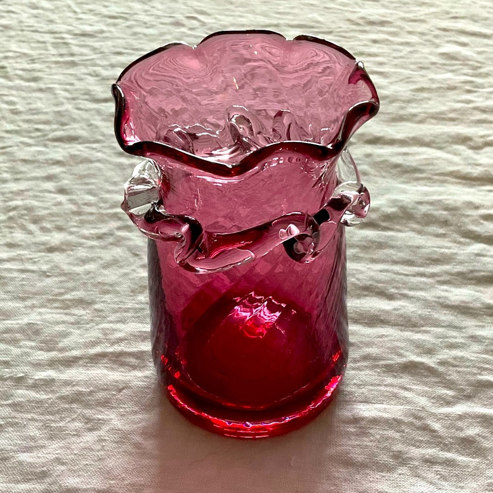 Vintage hand blown Pilgrim cranberry glass mini vase